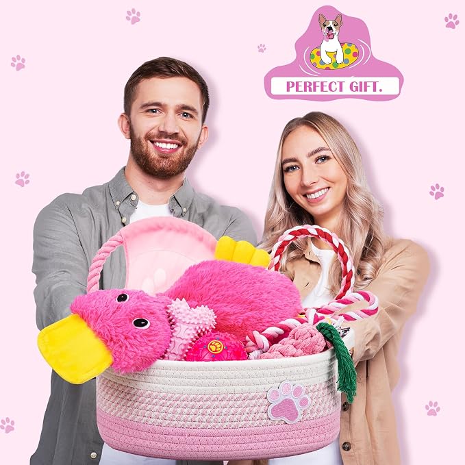 Zopeal Dog Toy Gift Basket Set for Puppy Birthday, Pink