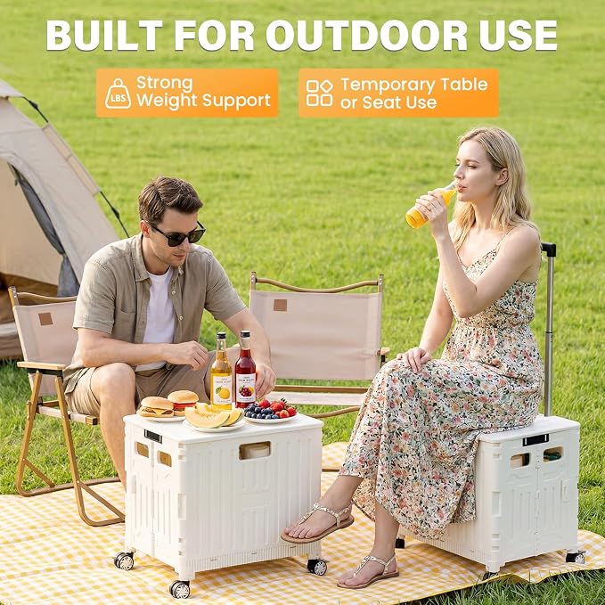 SUNALLY Folding Utility Cart Rolling Crate Handcart Shopping Trolley, White | Lockable Collapsible Tool Box with Lid, Rolling Crate With Wheels for Grocery, Travel, Garden, Shop, Office, Luggage, Teacher