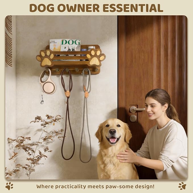 MTERSN Acacia Wood Dog Leash Holder for Wall for Dog Dad Gift, Brown