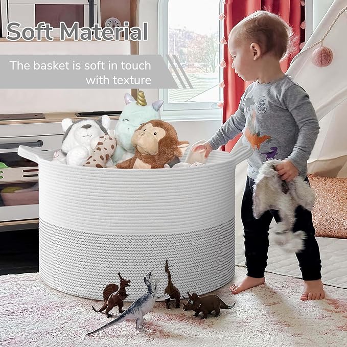 INDRESSME 115L Extra Large Woven Rope Blanket Basket Living Room, White | Storage baskets for organizing toys, laundry & pillows. Fits living room, bedroom or nursery décor. Soft-touch with handles