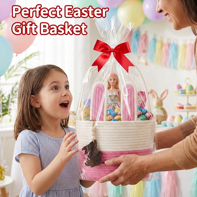 Pro Goleem Easter Basket for Kids, Adorable Woven Egg Hunt Bucket with Handle, Soft First Easter Gift Tote Bag, Nursery Toy Storage Bin with Tag(Pink)