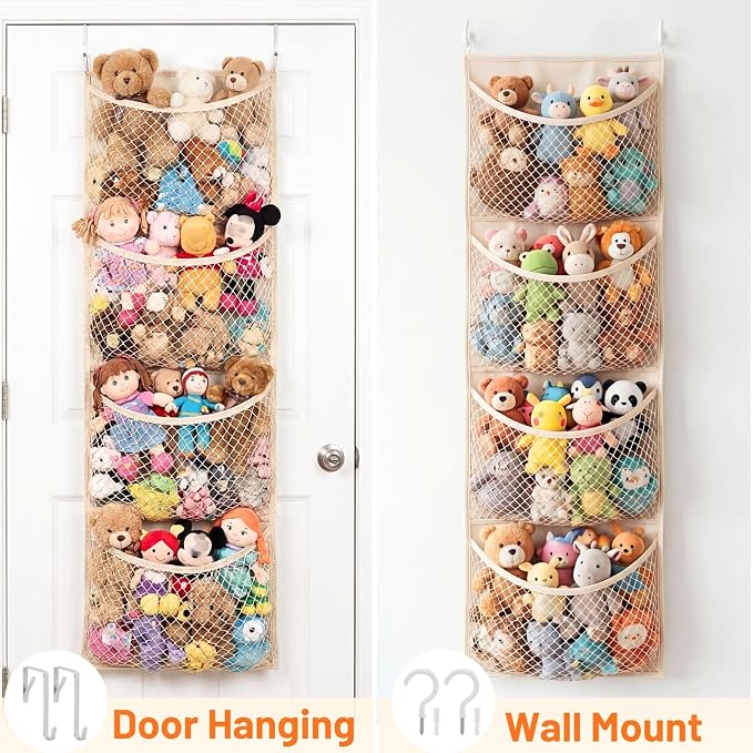 Cotton Over The Door Stuffed Animal Storage | Toy Organizer for Storage Plush Toys, Stuffed Animal Holder with 4 Large Pockets, Hanging Door Organizer for Nursery