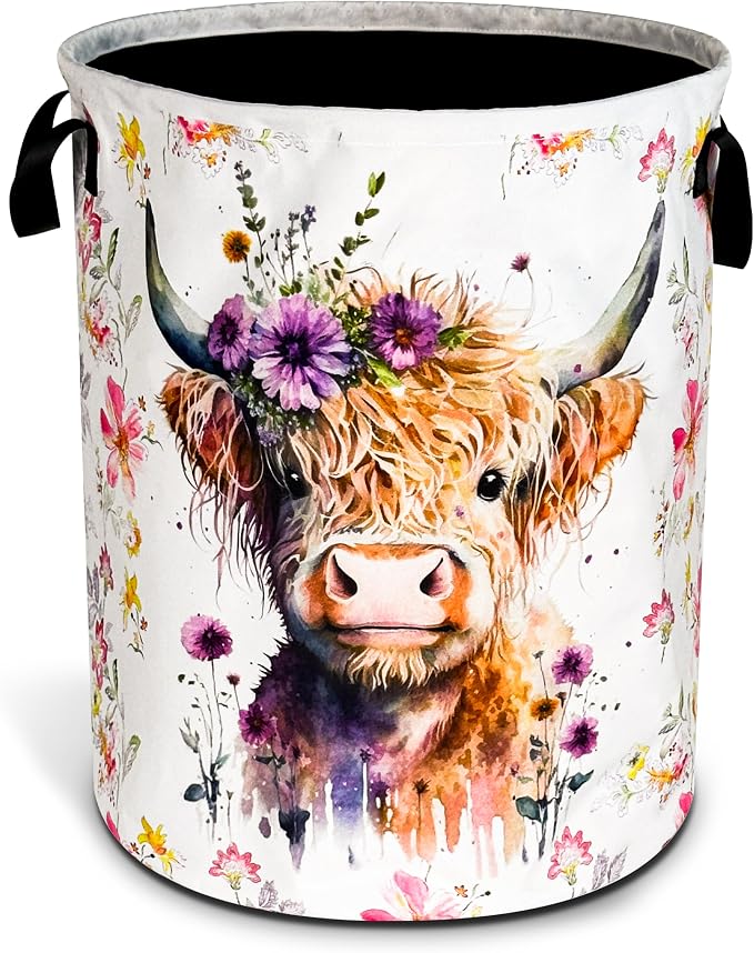 Highland Cow Laundry Basket Foldable Waterproof Oxford Cloth Funny Tote Bag | Laundry Hamper Clothes Storage Bucket Organizer For Bathroom/Laundry Storage /Bedroom Storage Basket 18.9x16.5 Inch