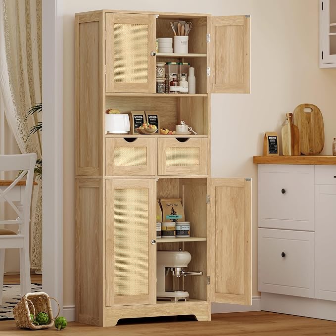 TEENFON 57.8" H Tall Storage Cabinet with 2 Drawers & 2 Adjustable Shelves, Rattan Cabinets with 4 Doors, Cupboard, Kitchen Cabinets, Pantry Cabinet, Tall Cabinet for Living Room, Entryway, Natural