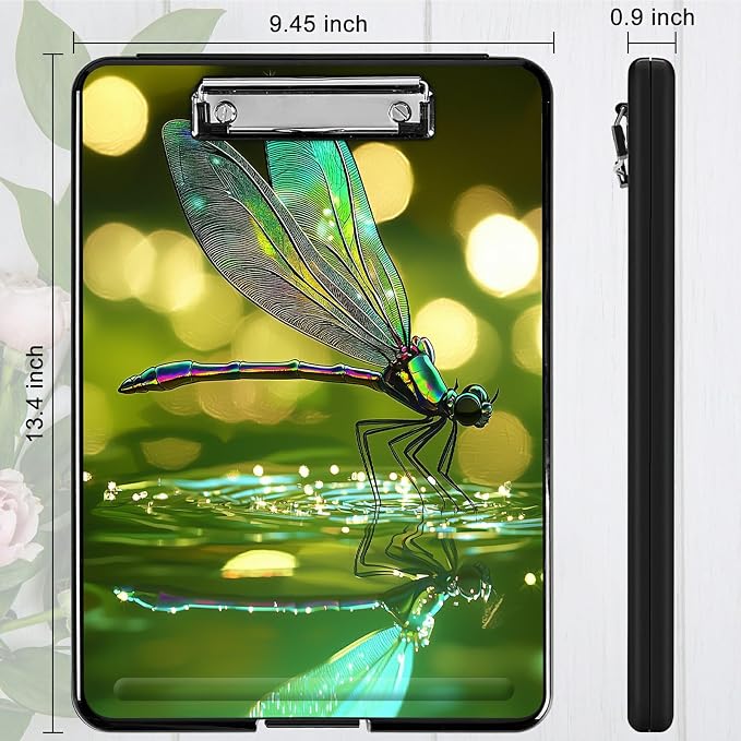 Heavy Duty Storage Clipboard, Slim Nursing Clipboard with Internal Pen Case, Portable File Organizer Case for A4 Letter Size Paper Office Medical Professionals, Green Dragonfly