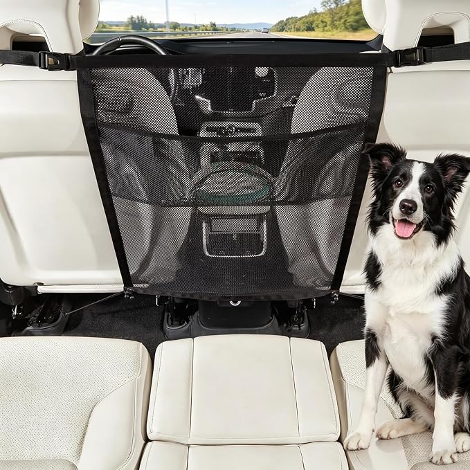 Dog Car Net Barrier, Dog Net for Car with Mesh Organizer | Universal Dog Car Barrier Fits Car/SUV/Truck/Van; Scratch-Resistant Mesh with Storage Pocket, Keeps Pets Safe in backseat