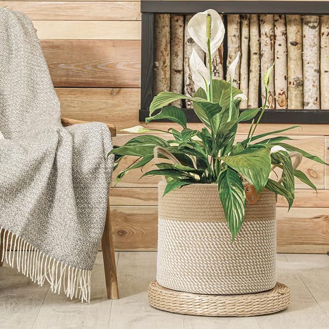 CHICVITA Wicker Storage Basket with Leather Handles, 14" x 12", White | Decorative Woven Basket for Toys, Shoes, Blankets & Laundry Storage, Living Room & Bedroom Organizer, Indoor Plant Basket
