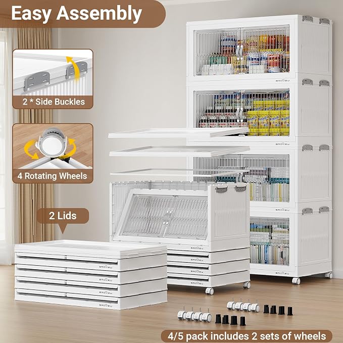 BROVIEW 1000QT Extra Large Stackable Storage Bins with Lids, 5Pack White | 250Gal Plastic Collapsible Cabinets Containers, Wheels & PET Doors, Foldable Closet Organizers Drawers for Office, Dorm