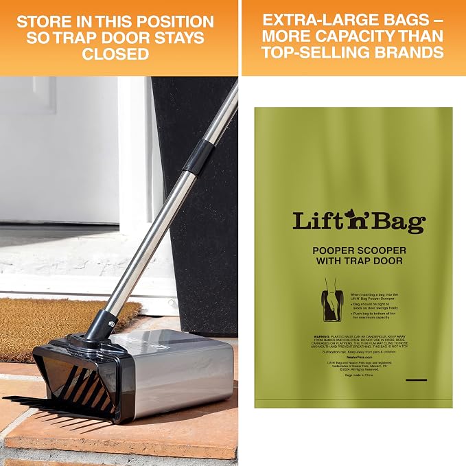 Neater Pet Brands Lift N’ Bag 2.0 Dog Pooper Scooper with Bag Attachment & 22" Pole for Small to Large Dogs, New & Improved Design, 15 Refill Bags, Heavy Duty Dog Poop Scooper for Yard, One-Hand Use
