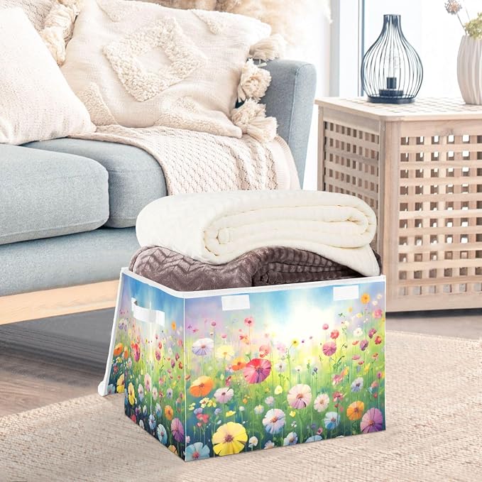 Colorful Flowers Storage Bins with Lids and Carrying Handle,Foldable Storage Boxes Organizer Containers Baskets Cube with Cover for Home Bedroom Closet Office