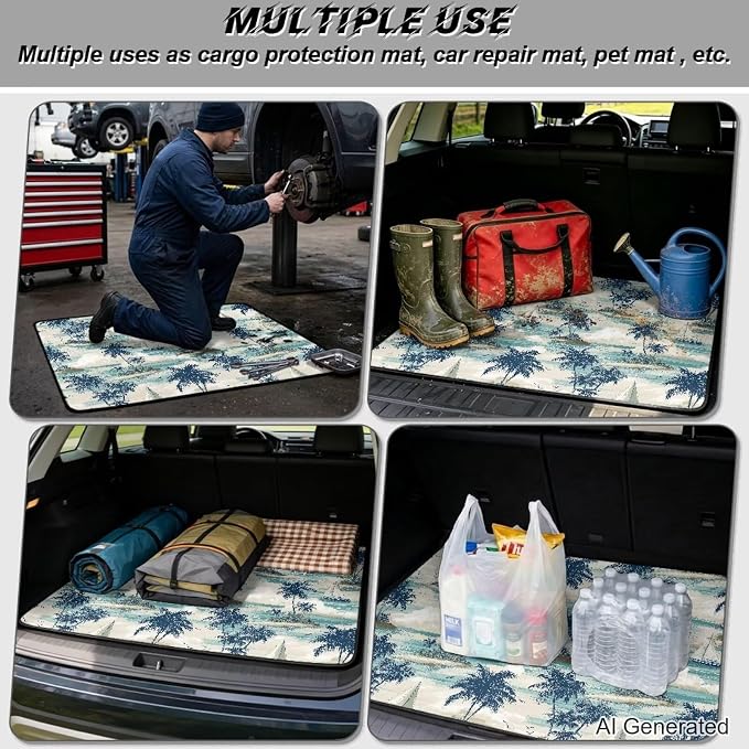 Palm Tree Print Washable Universal Cargo Liner 29" x 39", All Weather Non Slip Car Trunk Mat for SUV Truck, Durable Pet Friendly Blue Rear Cargo Protection