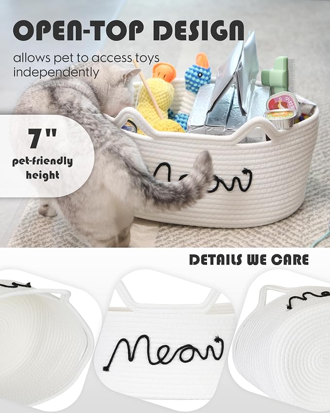 Sea Team Cat Toy Storage Basket with Handles and Ears, White Meow | Large Cotton Rope Storage Bin, Shelf Basket, Organizer for Pet Chew Toys, Foods, 16.5 x 11 x 7 Inches, 4.4 Gallons