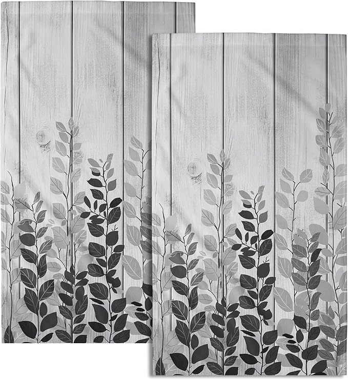 Giwawa Grey Eucalyptus Leaves Hand Towels Set of 2 Rustic Wood Soft Guest Bath Towel Kitchen Dish Towels Spa Home Bathroom Decorations