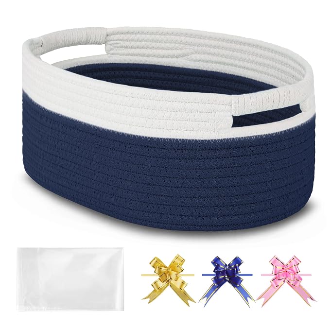Small Woven Gift Basket with Bag & Ribbons, Navy Blue | Cotton Rope, 13”x 9”x 5.5”, Fits for Kids, Women & Men, Bedroom, Living Room, Nursery & Bathroom Storage, Cat & Dog Toy Boxes