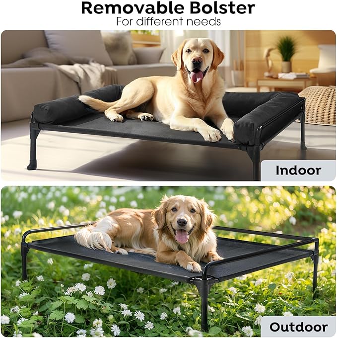 Veehoo Outdoor Elevated Dog Bed-Cooling Raised Dog Cot for Large Sized Dogs | Three-Sided Fence Raised Pet Cot with Mesh & No-Slip Feet Dog Hammock Bed with Removable Bolster-47"x 29" Black