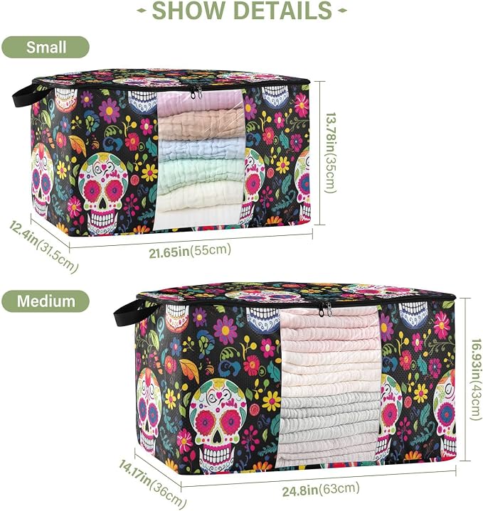 Generic Skull Flowers Day Of The Dead Clothes Storage Bag Bins 2 Pack Foldable Storage Containers Large Closet Organizer with Zipper Under Bed Storage for Bed Sheets Clothing Comforters 60L