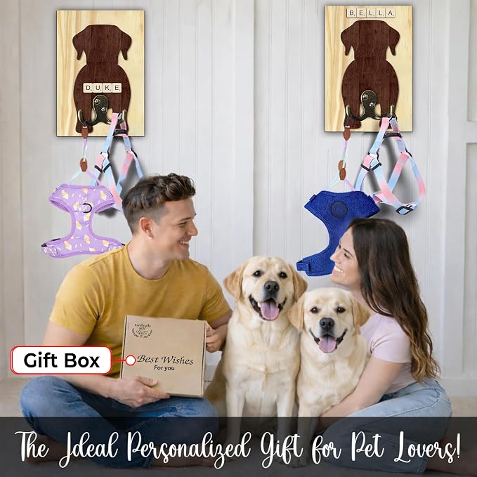 Labrador Retriever Dog Leash Holder Wall Mount with Scrabble Letters, Wooden Dog Wall Hook Organizer, Pet Collar and Harness Holder Entryway, Key Hook & Leash Rack, Home Decor for Pet Lovers PF297-48