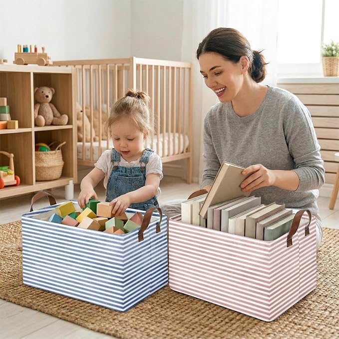 Britimes Pink Blue Storage Baskets for Gifts, Toy Storage Bins Box, 3 Pcs | Pink Blue Striped Canvas Collapsible Baskets Organizer with Handles Nursery Decor Laundry Basket for Shelves Closet