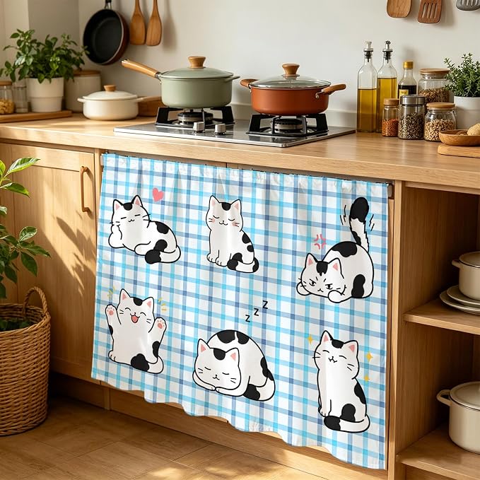 Cute Cat Cabinet Curtain 35"Wx35"L, Dustproof Under Sink Skirt with Self Adhesive Tape, Modern Playful Pet Cats Blue Purple Plaid Cabinet Curtain Cover for Kitchen Sink, Bathroom Vanity, Laundry Room