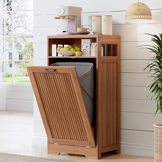 Pet-Proof Single 13 Gallon Tilt Out Trash Can Cabinet with Open Storage – Hide Garbage & Recycling Bins to Keep Your Kitchen Clean and Organized,Walnut
