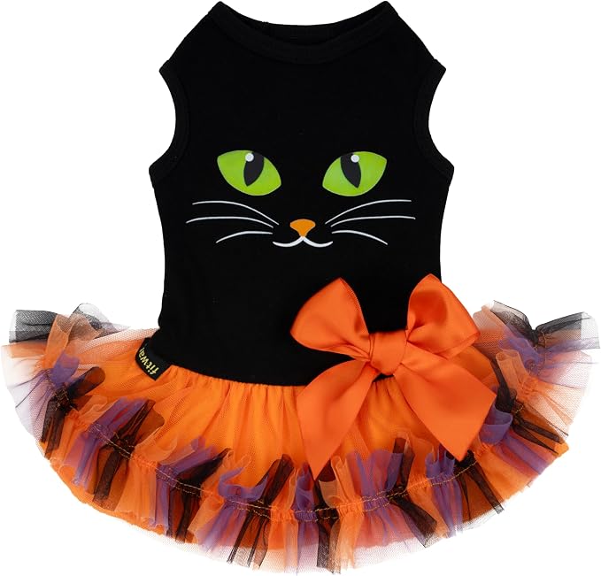 Fitwarm Halloween Cat Face Dog Dress, Funny Halloween Costumes for Small Dogs Girl, Pet Apparel, Black, Orange, Purple, Green, Small