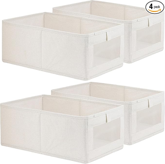 Fordonral 4 Pack Linen Storage Bins, Storage Containers for Organizing Clothing, Jeans, Toys, Books, Shelves, Closet, Wardrobe - Closet Organizers and Storage, Large Storage Boxes Baskets with Window