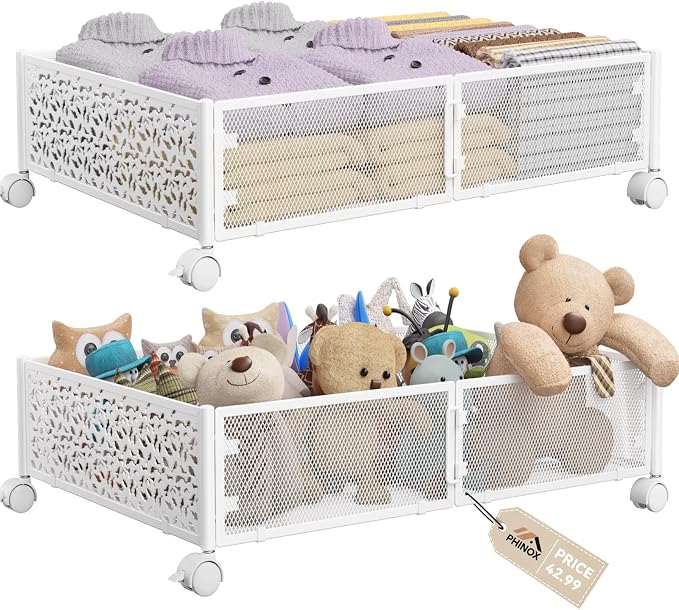 Under Bed Storage Container with Wheels,Patterned,Metal,2 Pack,White | Tool-free assembly, glide smoothly, easy reach, foldable, maxmazie low-profile beds, dorm, keep seasonal clothes, shoes fresh