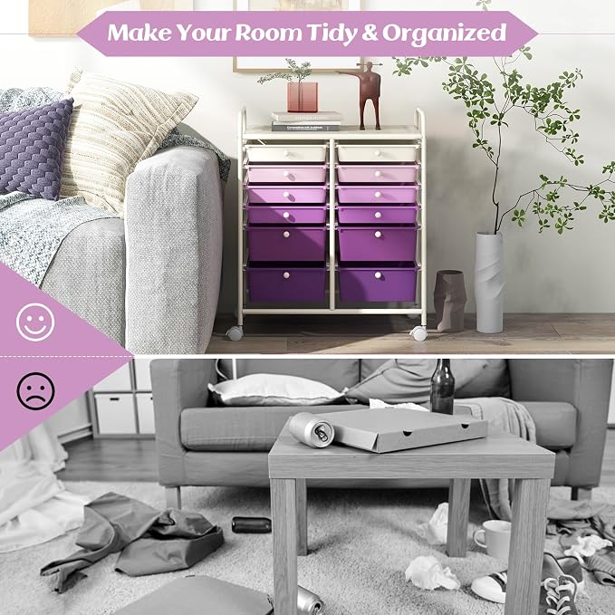 12 Drawer Rolling Storage Cart, Art Cart Organizer on Wheels, Mobile Utility Cart with Drawers, Multipurpose Craft Drawers for Home Office School Classroom (Gradient Purple)