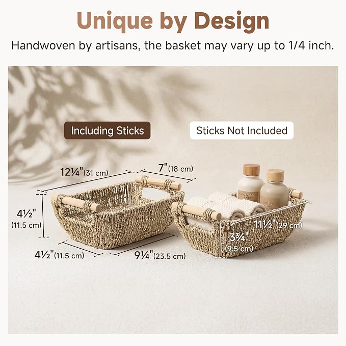 StorageWorks Small Baskets for Shelf, Seagrass Woven Basket for Gifts | Wicker Storage Baskets for Shelves, Baskets with Wooden Handles, 2-Pack Gifts Basket for Home Decor, Hand-Woven Basket