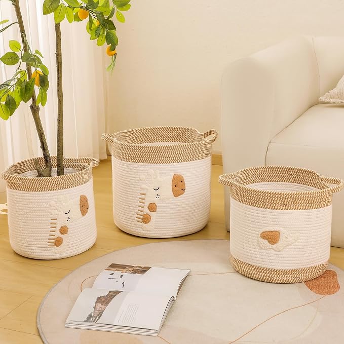 Large Blanket Baskets for Living Room Decor, Toy Storage Baskets 14" x 14" Woven Cotton Rope Basket for Kids, Dog Toys Organizer Clothes Hamper with Embroidery Decor for Nursery Laundry, Giraffe
