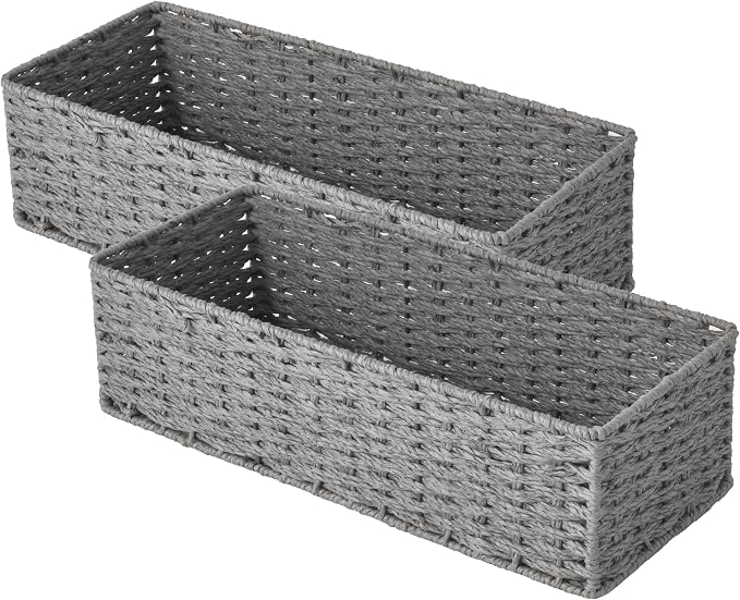 StorageWorks Bathroom Basket Organizer, Wicker Toilet Paper Basket, Gray | Long Narrow Wicker Baskets for Bathroom Decor, Paper Rope Toilet Tank Baskets for Tank Topper, 2 Pack