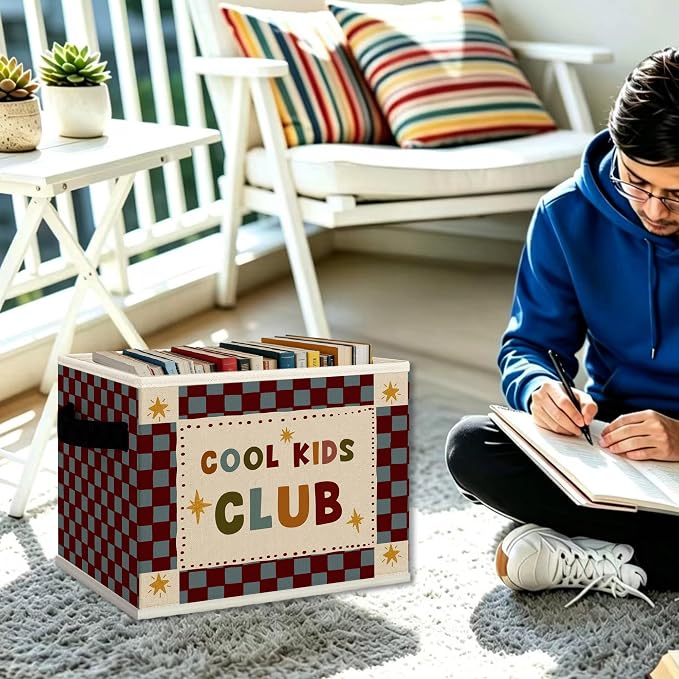Kids Nursery Playroom Cube Storage Bins with Handles, Cool Kids Club Checkered Collapsible Fabric Storage Basket Boxes Books Clothes Organizer for Girls Boys Room Bedroom Bathroom
