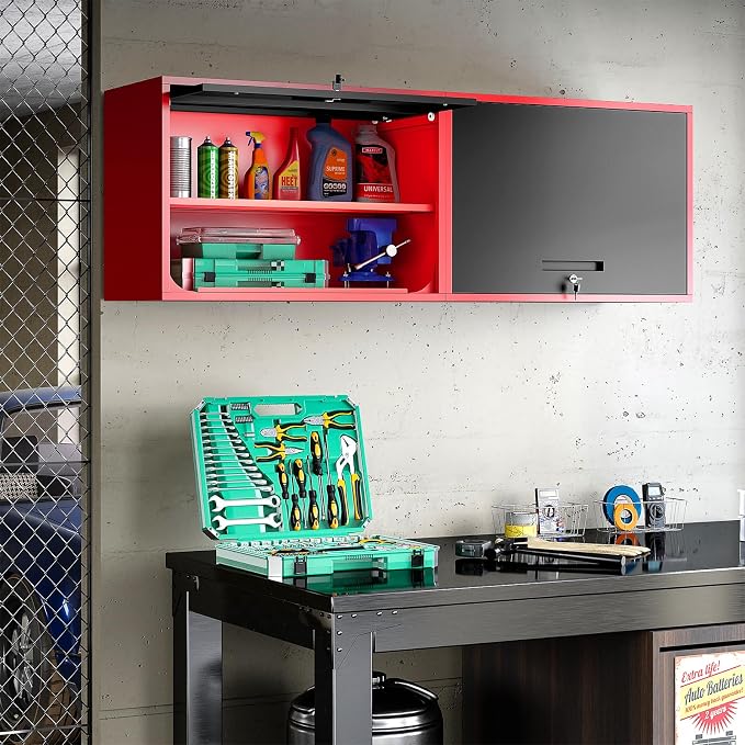 Metal Wall Cabinet with Locking Door and Shelf, Hanging Garage Cabinets with Up-Flip Doors for Garage, Warehouse, Home, Office, Assembly Required (Black Red, One Cabinet)