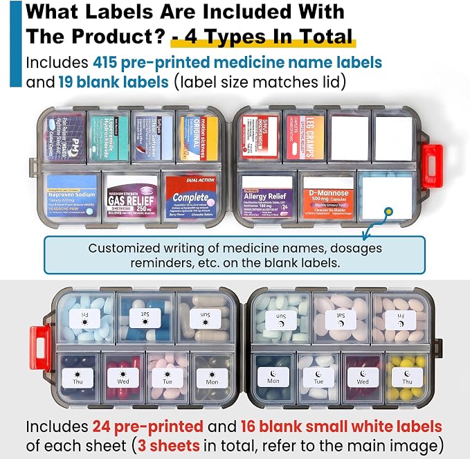 3 Pack 14 Grids Travel Pill Organizer Box with 415-Pcs Medicine Name Labels - Pocket Daily Pharmacy Case Container Kit - Travel Medication Holder Dispenser for Fish Oil Vitamin Supplement - Clear