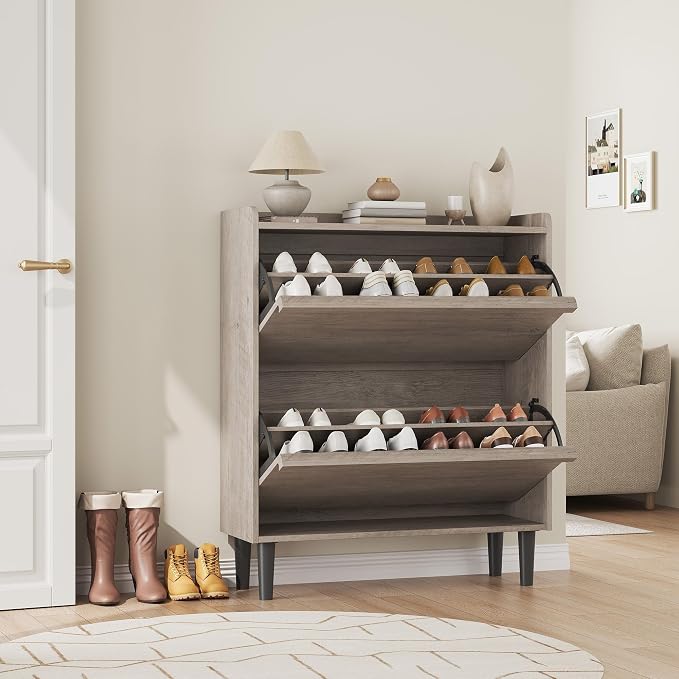 GarveeHome Shoe Cabinet with 2 Flip Drawers, Wooden Shoe Organizer Cabinet with Adjustable Shelf, Shoe Storage for Entryway, Hidden Shoe Cabinet for Hallway, Living Room, Grey