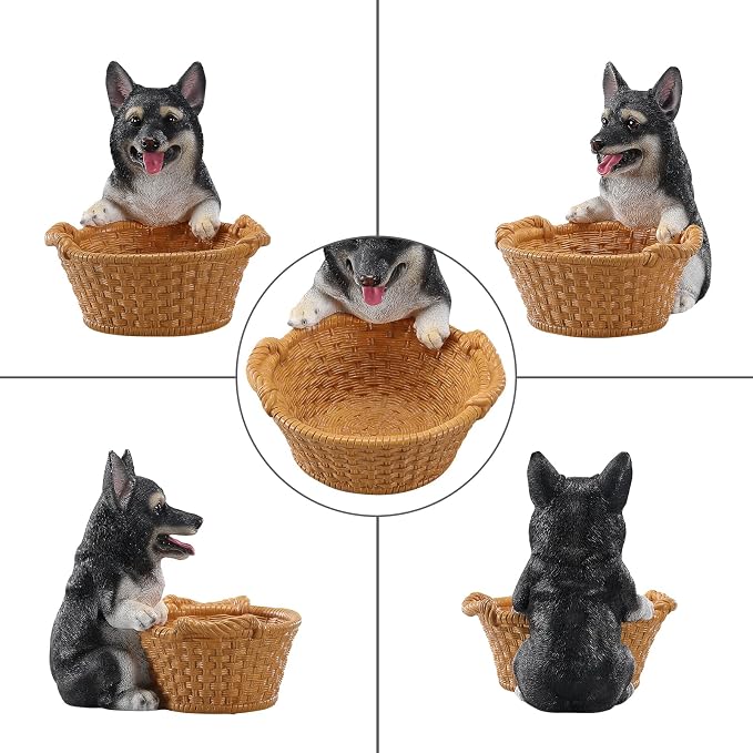 Black Shiba Inu Candy Bowl, Resin Dog Figurine Key Bowl for Entryway Table, Desktop Storage Basket Organizer for Desk, Unique Frenchie Lover Gift