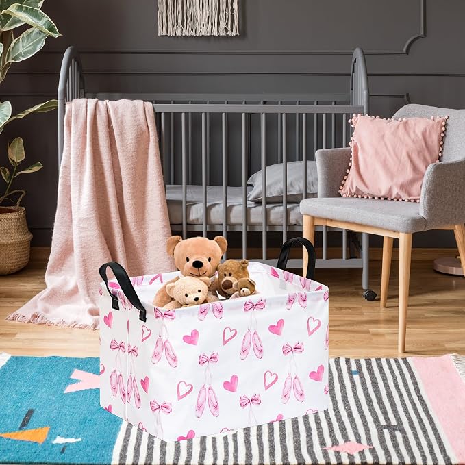 Pink Bow and Heart Storage Basket,Foldable Girls Room Toy Bin with Handles | Foldable basket with coated lining and leather handles for toys,laundry,gifts and girls room organization