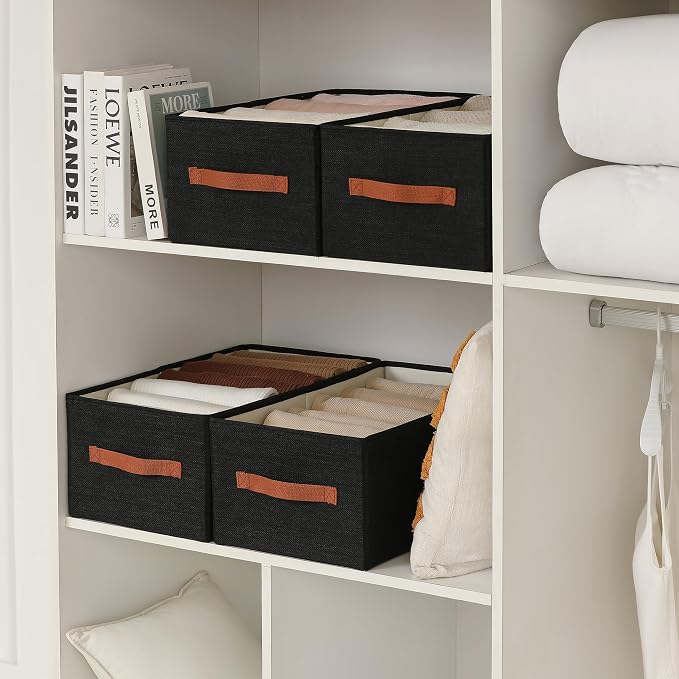 linen closet organizers and storage, 3 Pack Large Storage Baskets, Washable, Clothing Storage Bins with Handle, Closet Organizer for Storage Sweater,Sheets (Black, 18½"x11 x8½)