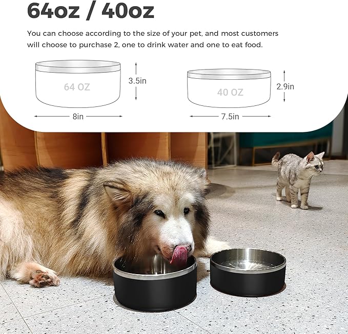 WENBOKMIN Dog Bowl, Stainless Steel Dog Food and Water Bowl with Non Slip Quiet Bottom, Easy to Clean, Dishwasher Safe, 40oz, Black