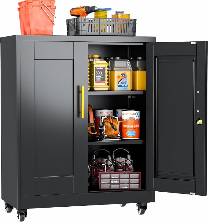 Small Metal Storage Cabinet with Wheels, Lockable Tool Cabinet with Doors | 2 Adjustable Shelves, Locking Doors, Magnetic Closure, Rolling Base, Compact 27.6-Inch Width, Cold-Rolled Steel