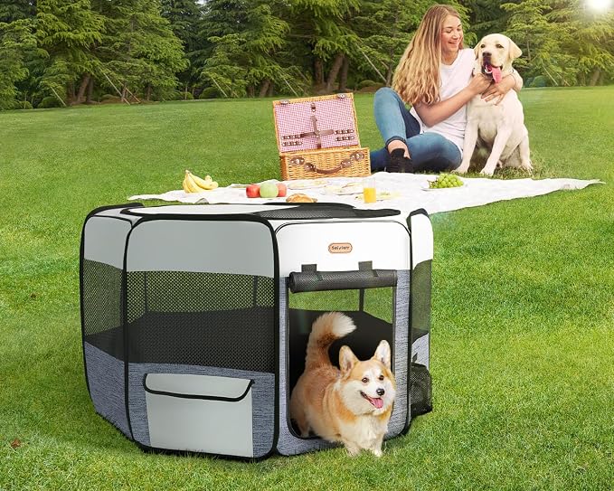 Seiyierr Dog Playpen, Portable Pet Play Pen Foldable Carrying Case, Puppy Pens Outsid for Small Cat Indoor/Outdoor, Removable Mesh Shade Cover