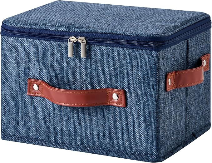 Storage Bin Box with Zippered Lid Decorative Collapsible Basket | Cotton Linen Fabric, Washable, Foldable, Stackable, Closet Shelf Organizer, with PU Leather Handles, Denim Blue-Small