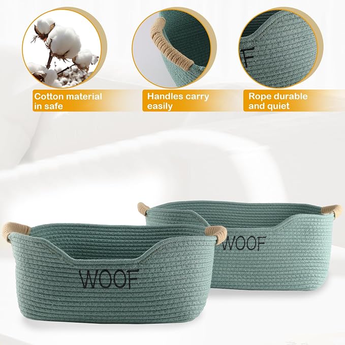 Morezi Dog toy basket 2 pieces woven dog toy bin low in front organizer storage collecting puppy combs shampoo brushes towel grooming stuff in bathroom playroom closet Green