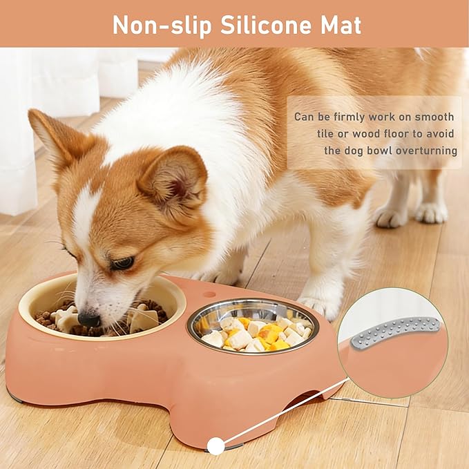Slow Feeder Dog Bowls 4 in 1, Slow Feeder Bowl, Stainless Steel Water Bowl with Non-Slip Silicone Mat and Standard Bowl Set, Cat and Puppy Bowls Pet Dishes for Small Medium Breed Anti-Choking
