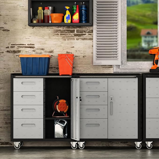 Metal Mobile Tool Storage Cabinet with 4 Drawer and 1 Locking Door | Heavy Duty Rolling Garage Tool Cabinets with Wheels,Metal Storage Cabinets,Assembly Required