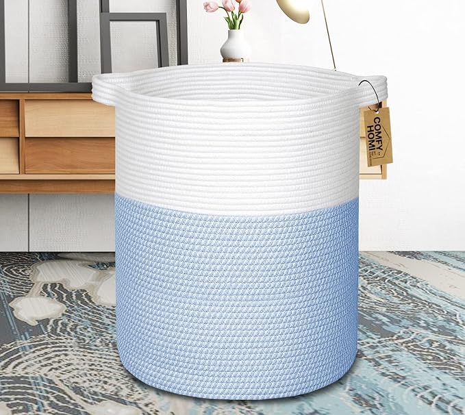 COMFY-HOMI XXL Large Laundry Basket with Handles Blanket Baskets Living Room|Woven Cotton Rope Decorative Basket Laundry Hamper Baby Basket Nursery Dog Toy Storage Organizer Bin-16”x18”-White/Blue