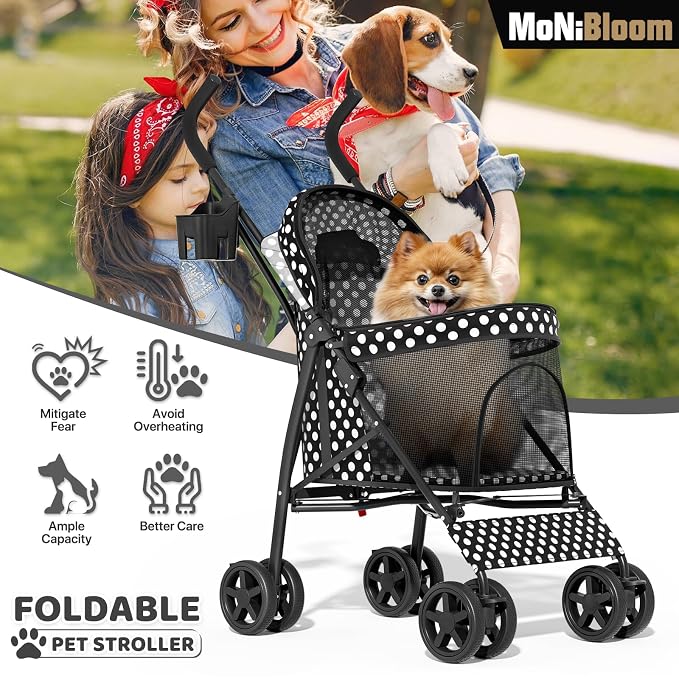 MoNiBloom Pet Stroller for Small/Medium Dogs and Cats, Black Polka Dots | Foladble 4 Wheels Easy-Fold Puppy Cage Jogger Stroller with Sun Cover, Pad and Rear Storage Bag, Breathable and Visible Mesh