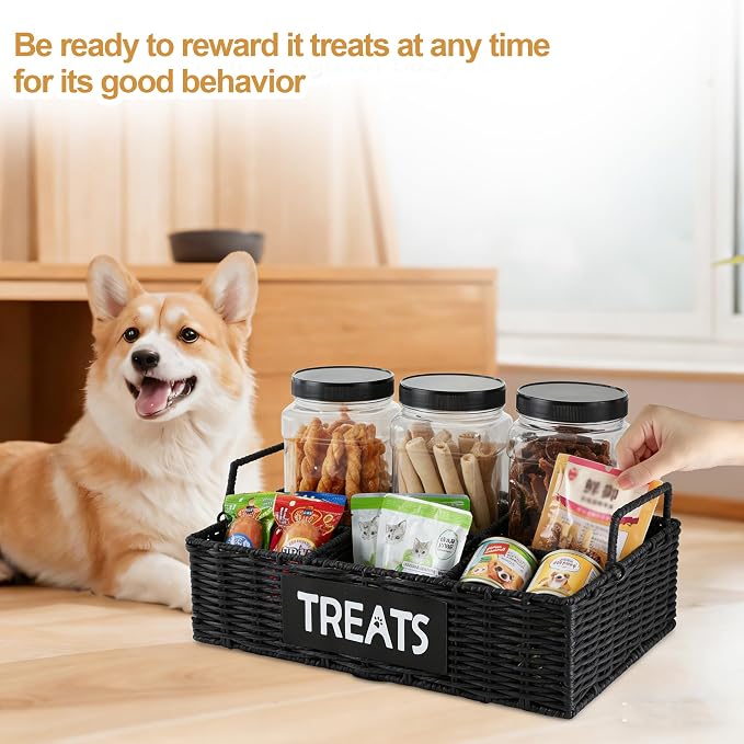 Dog Treat Container for Countertop,3pcs Pet Dog Treat Jars 1 Liter,4-Compartments Dog Treat Organizer,Woven Paper Rope Basket with Metal Frame for Pet Treats-Black