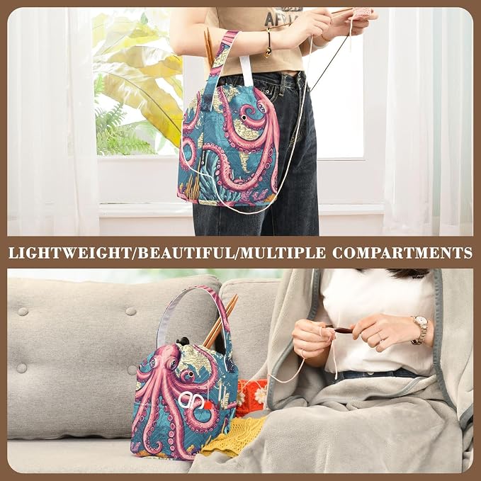 Tatenale Crochet Bag Yarn Bag Knitting Project Bag with Pockets and Handle Portable Yarn Storage Organizer Tangle Free 8.3x11 InchWorld Map Octopus Corals and Seaweeds28