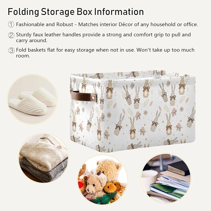 Happy Easter Day Eggs Bunny Storage Basket Fabric Laundry Baskets Easter Rabbit Peeps Spring Flowers Storage Boxes Organizer Bag for Baby Cloth Toy Book Storage Cubes Shelf Closet Bins 16×12×8 Inches